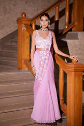 Blush Pink Sculpted Pre-Draped Saree with Iridescent Sequin Blouse